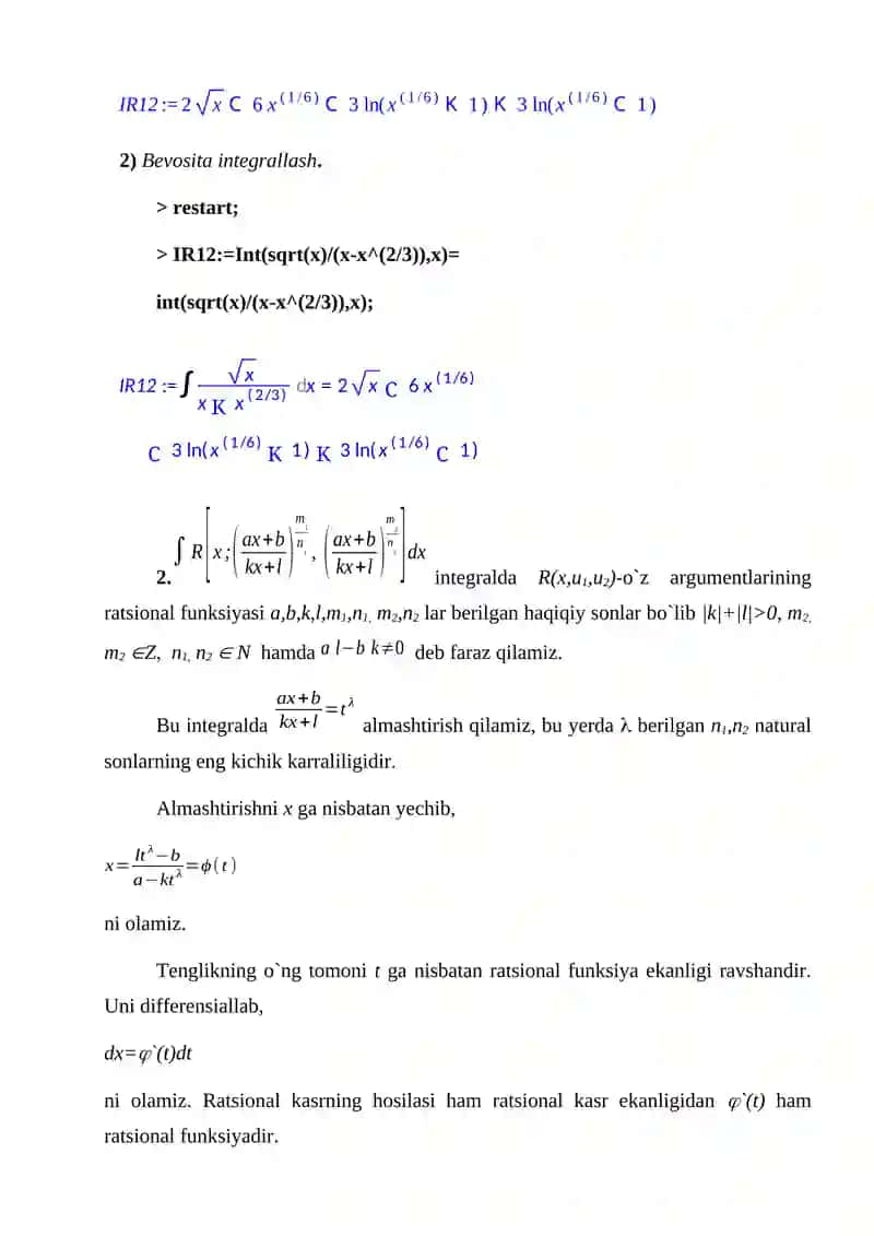 Ba'zi bir irratsional ifodalarni integrallash 3
