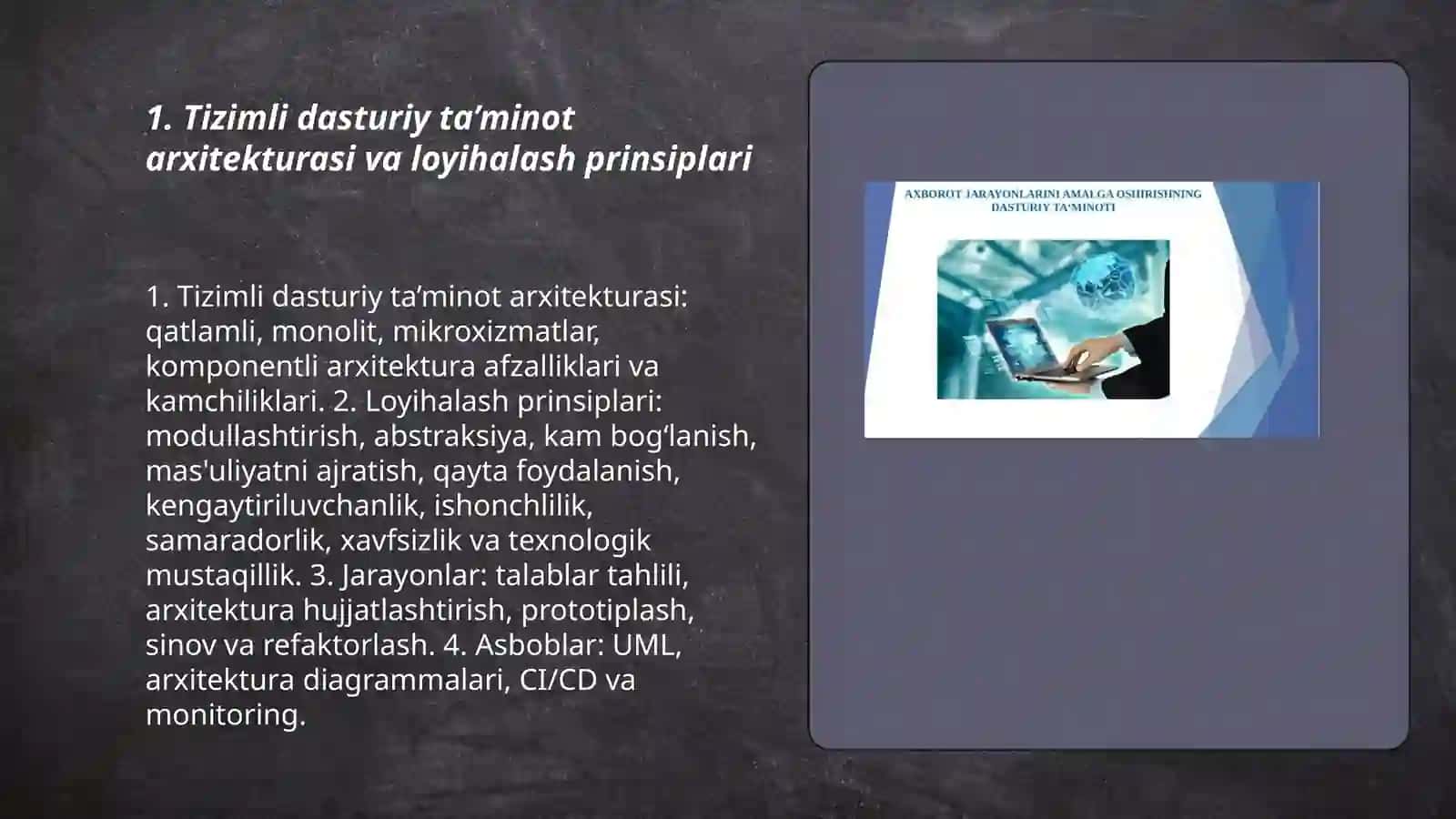 Tizimli dasturiy ta’minot arxitekturasi va loyihalash prinsiplari 3