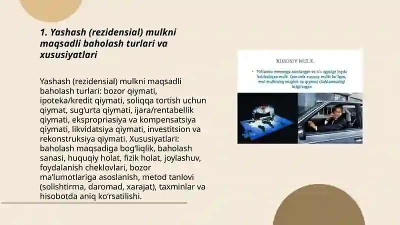 Mulk (turlari boʻyicha ) qiymatini maqsadli baholashning turlari va xususiyatlari 3