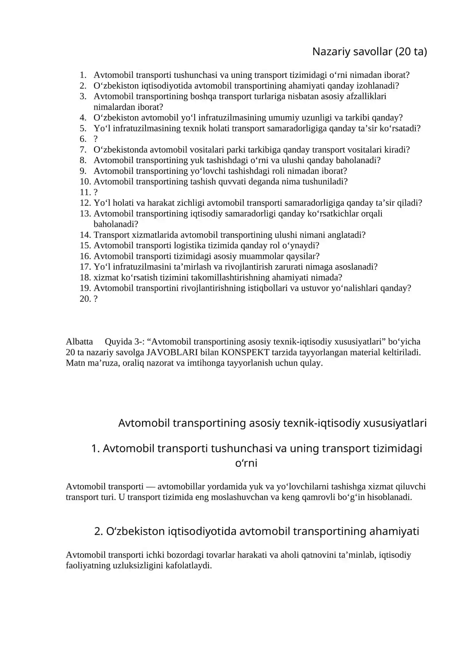 Avtomobil transportining asosiy texnik-iqtisodiy xususiyatlari 3