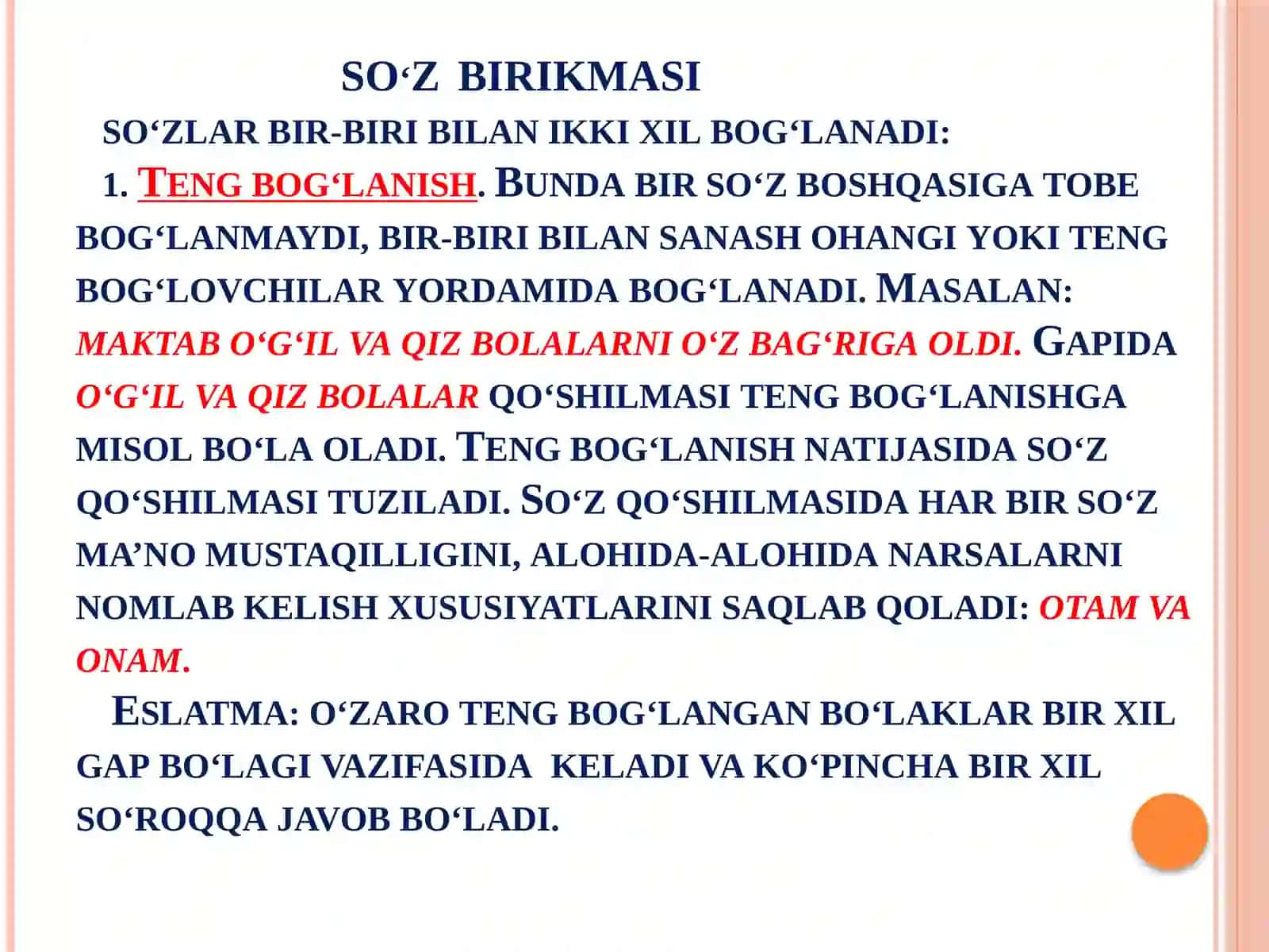 Sintaksis. So‘z birikmasi. Gap va uning ifoda maqsadiga ko‘ra turlari. Sodda gap turlari. Sodda yig‘iq va sodda yoyiq gaplar. Ikki bosh bo‘lakli va bir bosh bo‘lakli gaplar 3