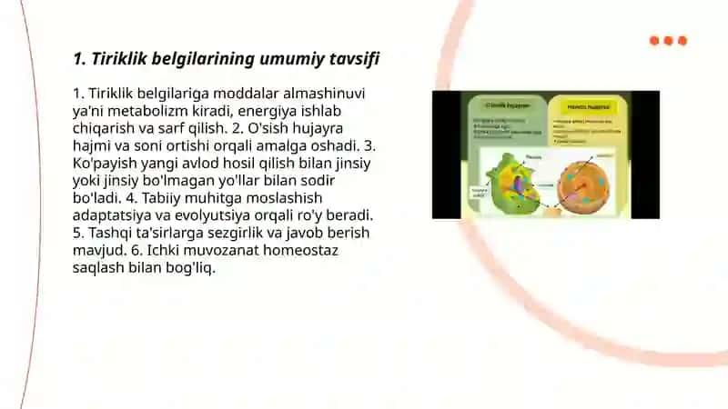 Tiriklik belgilari. Hujayraning oziqlanishi rivojlanishi va koʻpayishi 3
