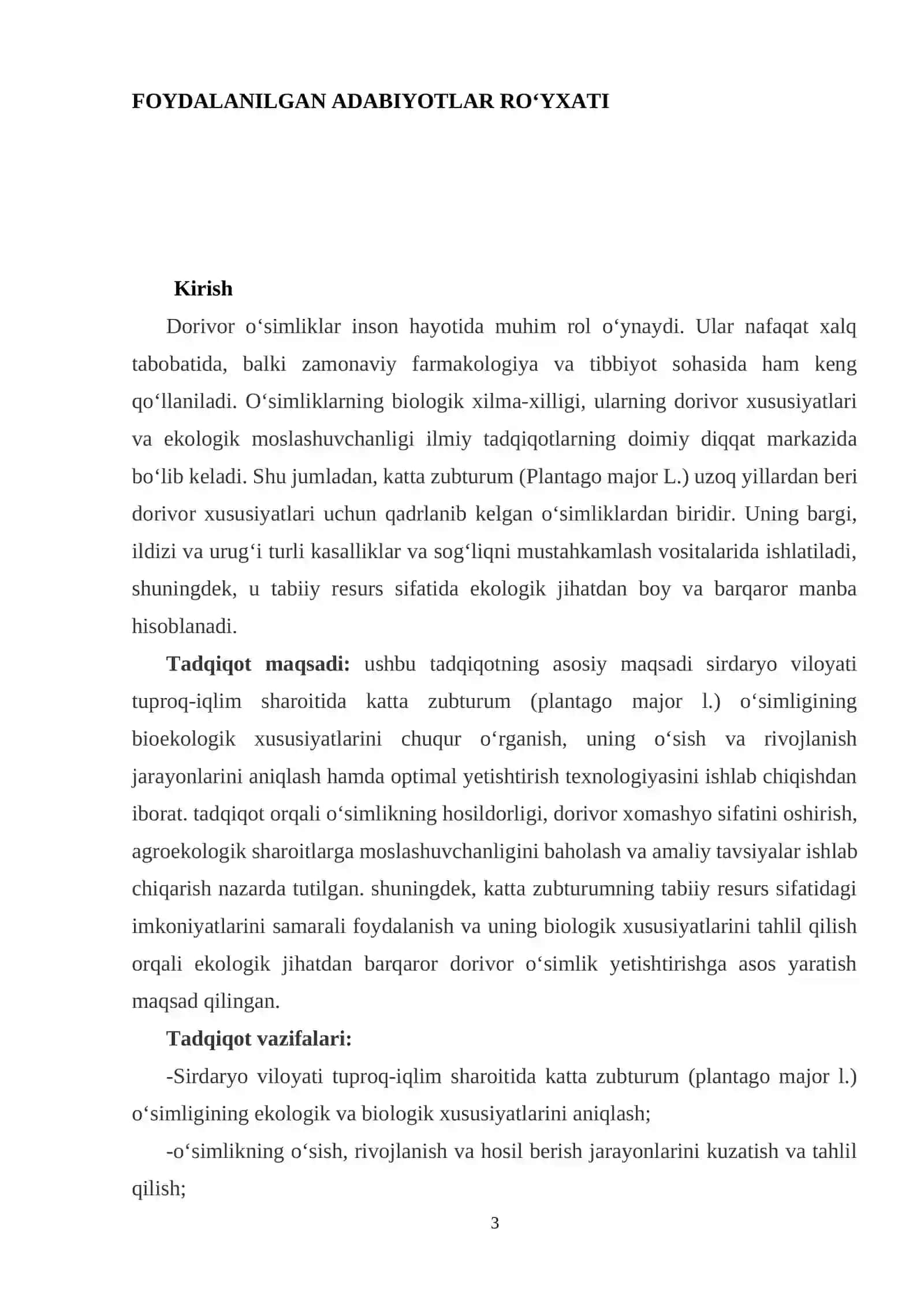 KATTA ZUBTURUM (PLANTAGO MAJOR L.) O‘SIMLIGINING BIOEKOLOGIK XUSUSIYATLARI VA YETISHTIRISH TEXNOLOGIYASI 3
