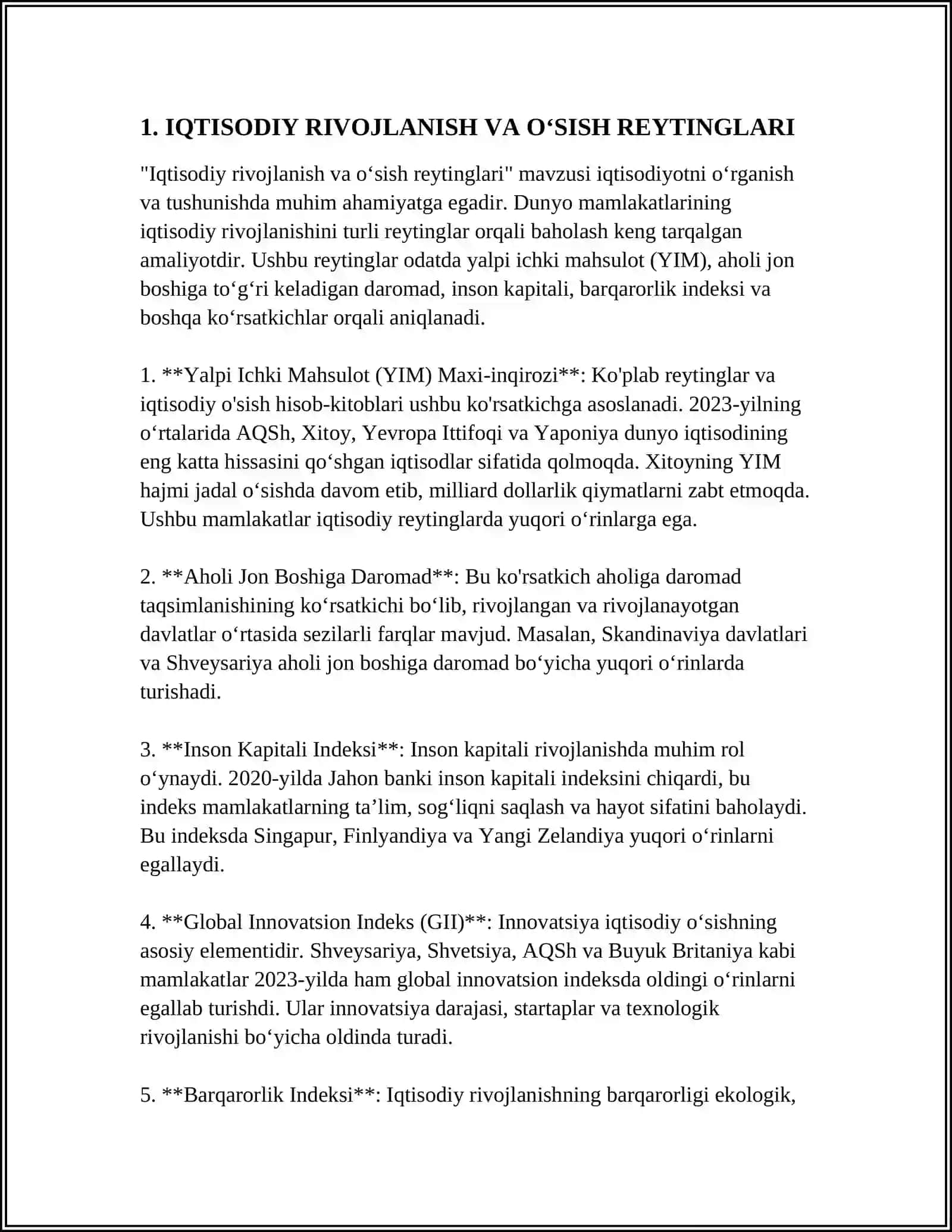 IQTISODIY VA IJTIMOIY SOHADAGI USTUVOR XALQARO REYTINGLAR VA ULARGA OʻZBEKISTONNING INTERGRATSIYALASHUVI 3