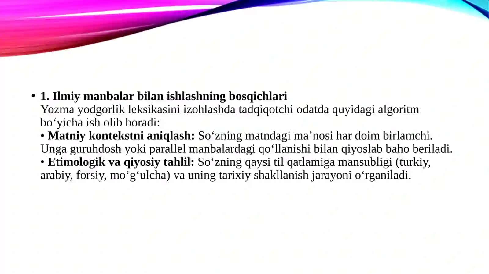 YOZMA MANBALAR TILI LUG’AT QATLAMI IZOHIGA DOIR ILMIY MANBALAR BILAN ISHLASH 3