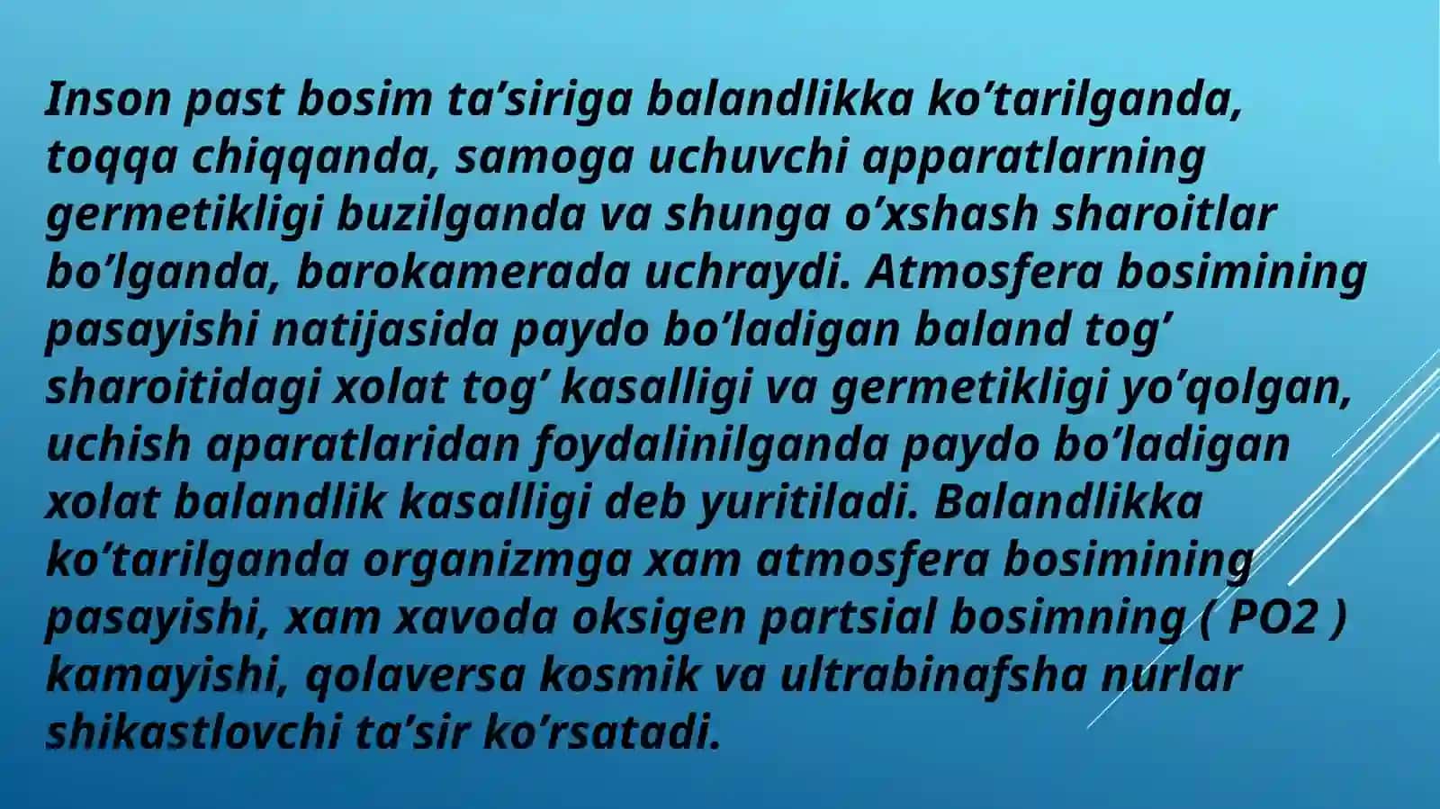 Past bosimning organizmga ta'siri. Barotravmalar. Kesson, tog'vabalandlik kasalliklari. Nur kasalliklari patofiziologik asoslari 3
