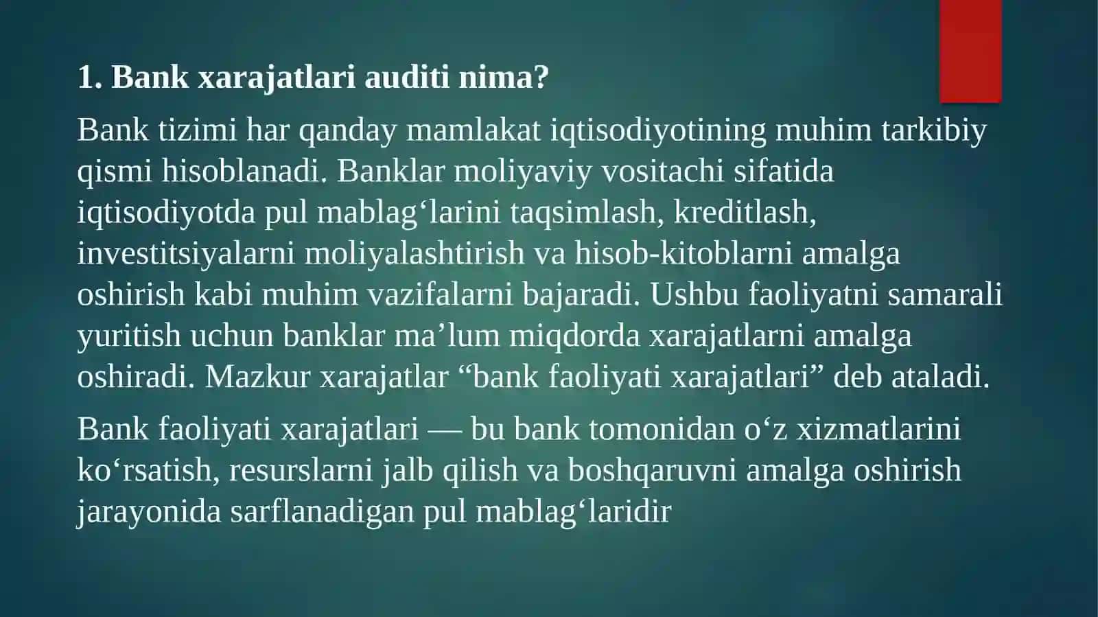 BANK FAOLIYATI XARAJATLARI AUDITI BO‘YICHA AUDITORLIK XULOSALARI VA ULARNING BANK FAOLIYATINI SAMARALI OLIB BORISHDAGI AHAMIYATI 3
