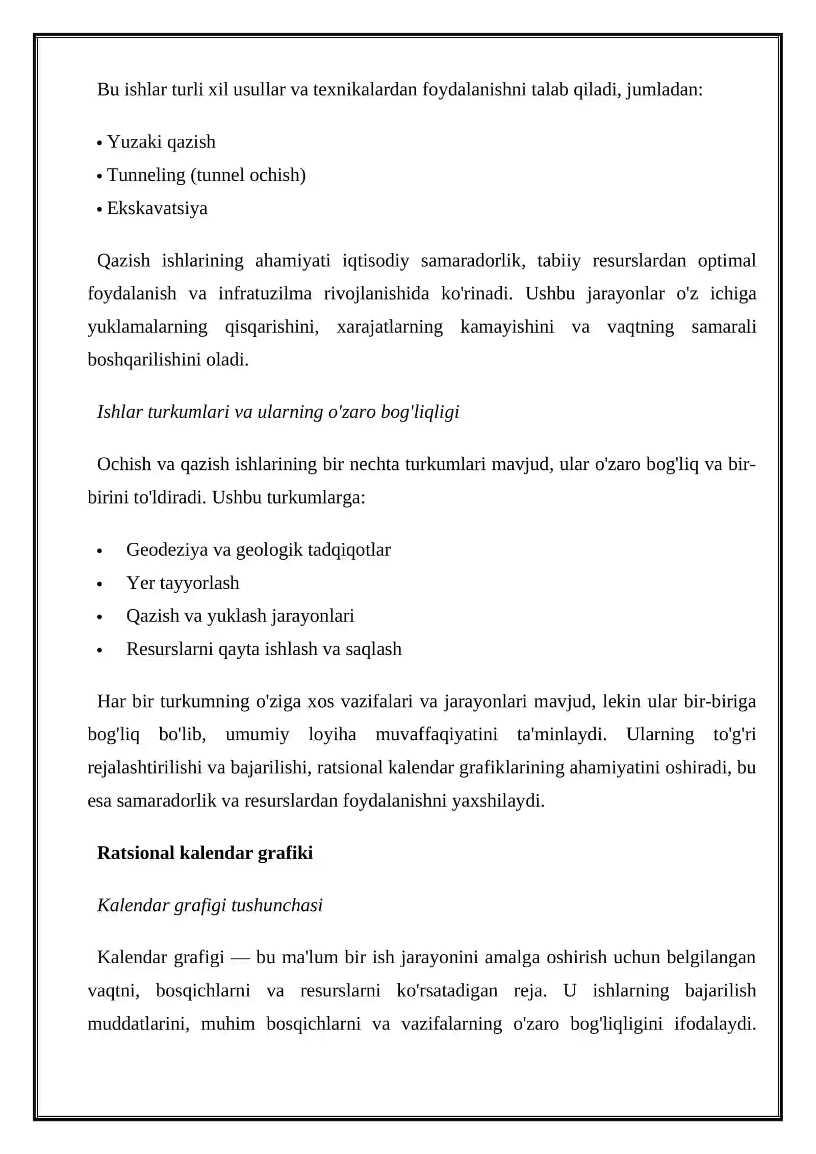 Ochish va qazish ishlarining ratsional kalendar grafigi 3