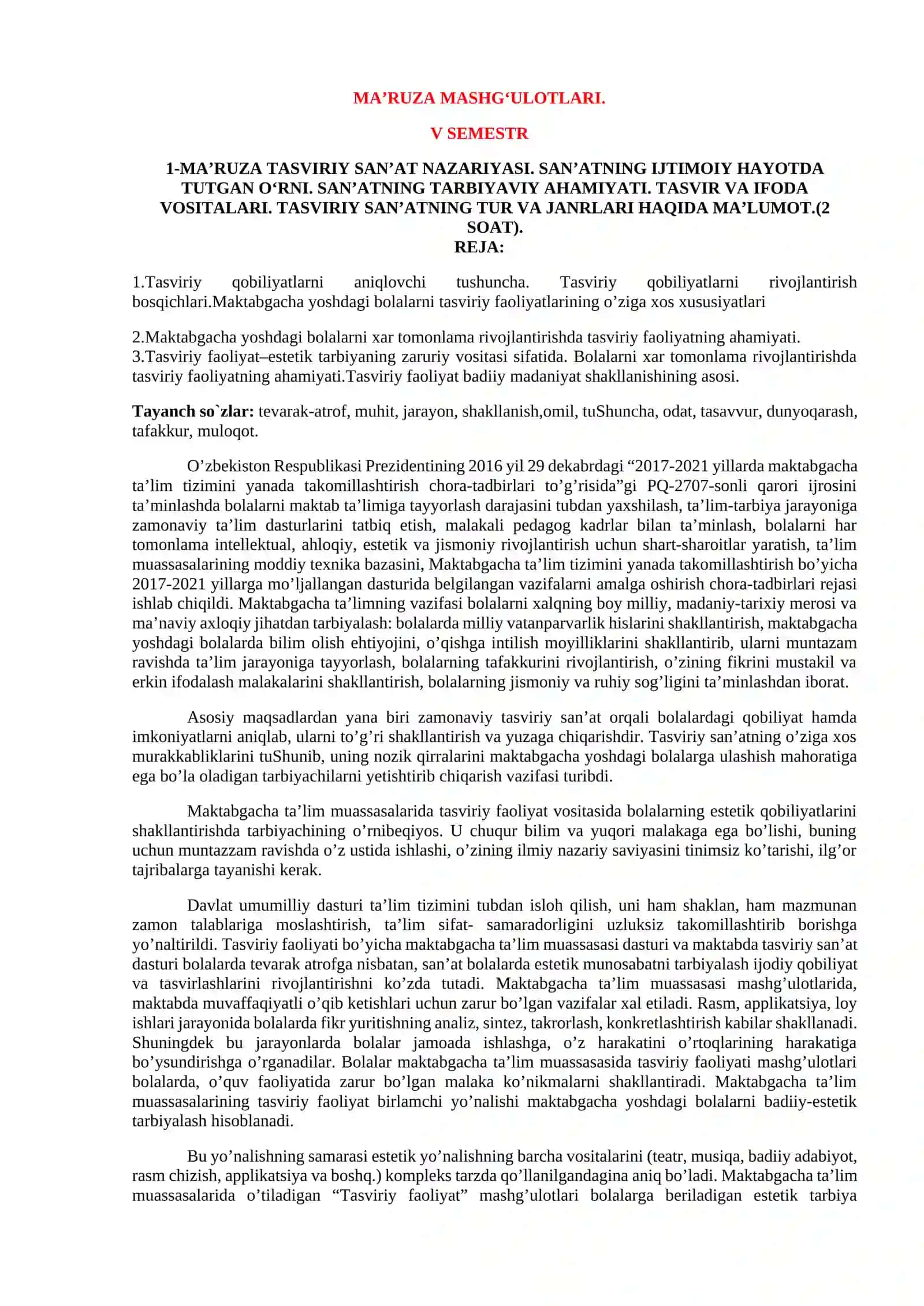 TASVIRIY SAN’AT NAZARIYASI. SAN’ATNING IJTIMOIY HAYOTDA TUTGAN O‘RNI. SAN’ATNING TARBIYAVIY AHAMIYATI. TASVIR VA IFODA VOSITALARI. TASVIRIY SAN’ATNING TUR VA JANRLARI HAQIDA MA’LUMOT 3