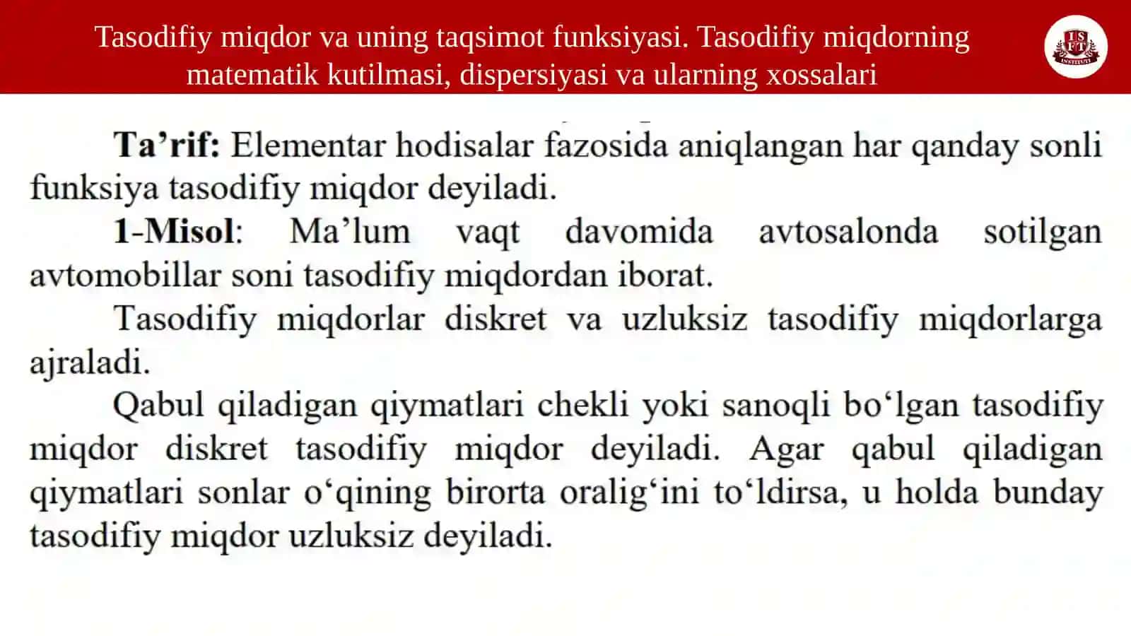 Tasodifiy miqdor va uning taqsimot funksiyasi 3