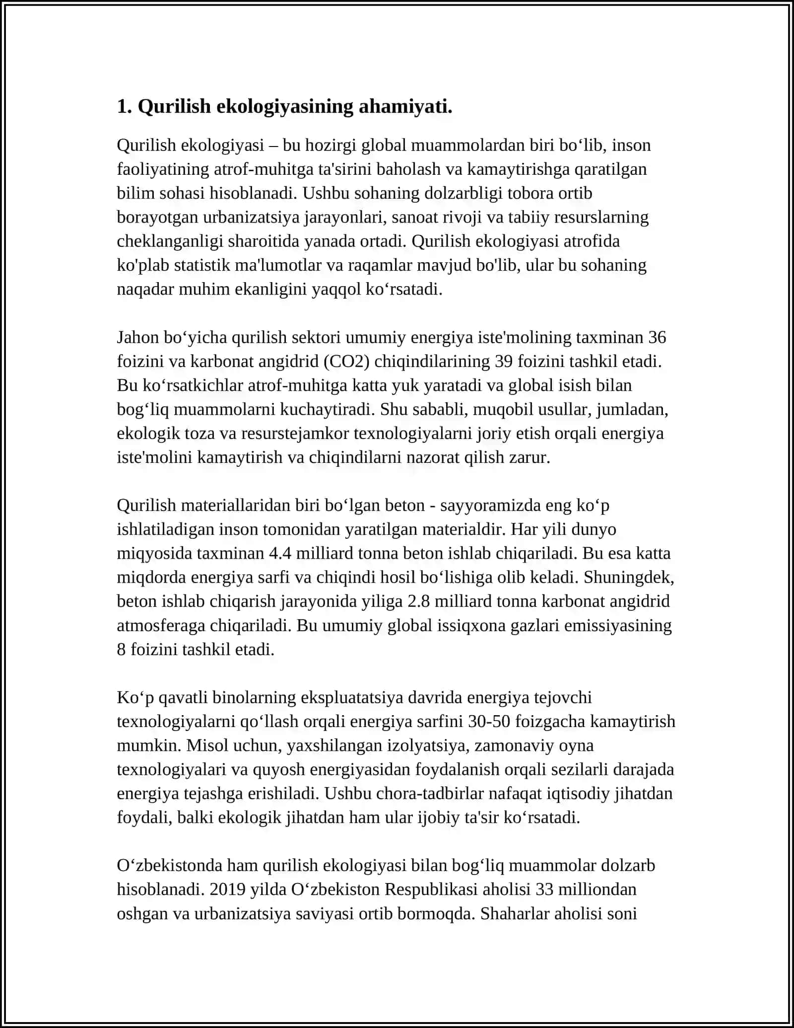 MUSTAQIL ISH Mavzu: QURILISH EKOLOGIYANING NAZARIY ASOSLARI 3