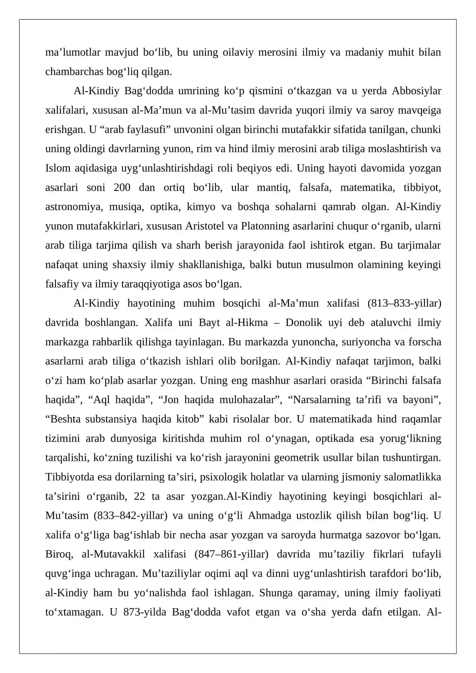 Yoqub al-Kindiy (800–873)ning Bayt al-hikmadagi ilmiy faoliyati 3