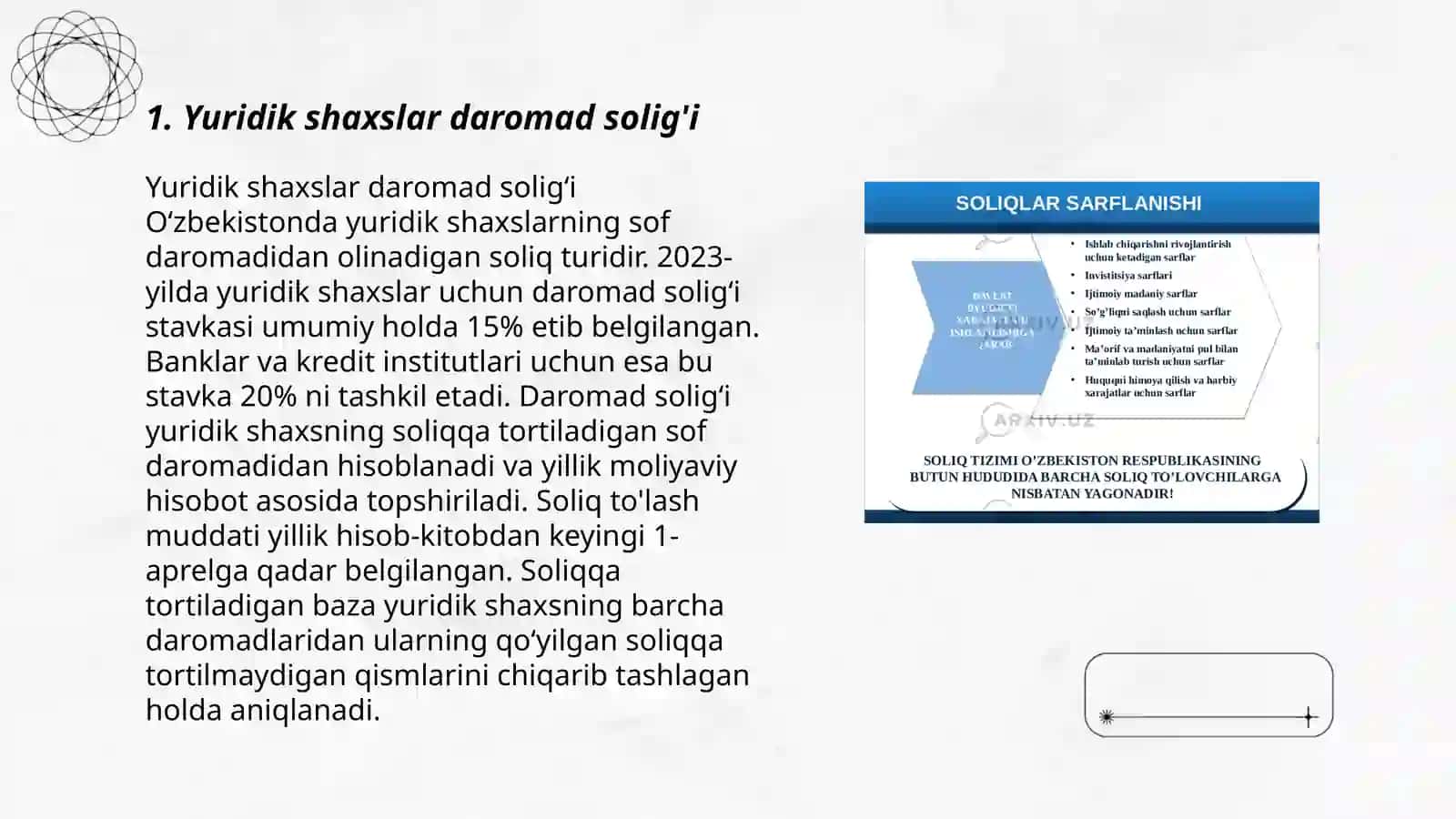Yuridik shaxslardan undiriladigan soliqlar va yigʻimlar tarkibi 3