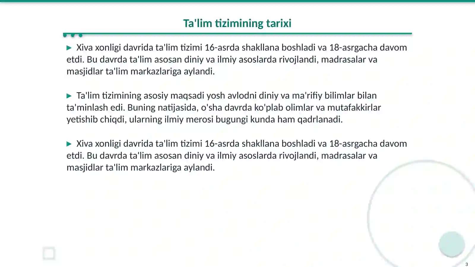 Xiva xonligi davrida ta'lim va tarbiya tizimi va Xiva xonligi davridagi tarixiy asarlarda pedagogik g'oyalar 3