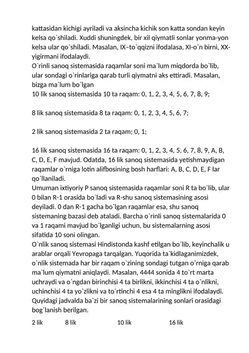 Turli sanoq sistemalari tarixda qoʼllanishi va ularning ishlash asoslarini aytib bering 3