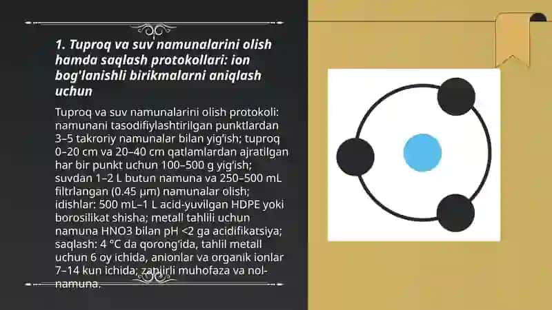 Tuproq va suvning ifloslanishida ion bog'lanishli birikmalarni aniqlab, ulardan tozalash usulini ishlab chiqish 3