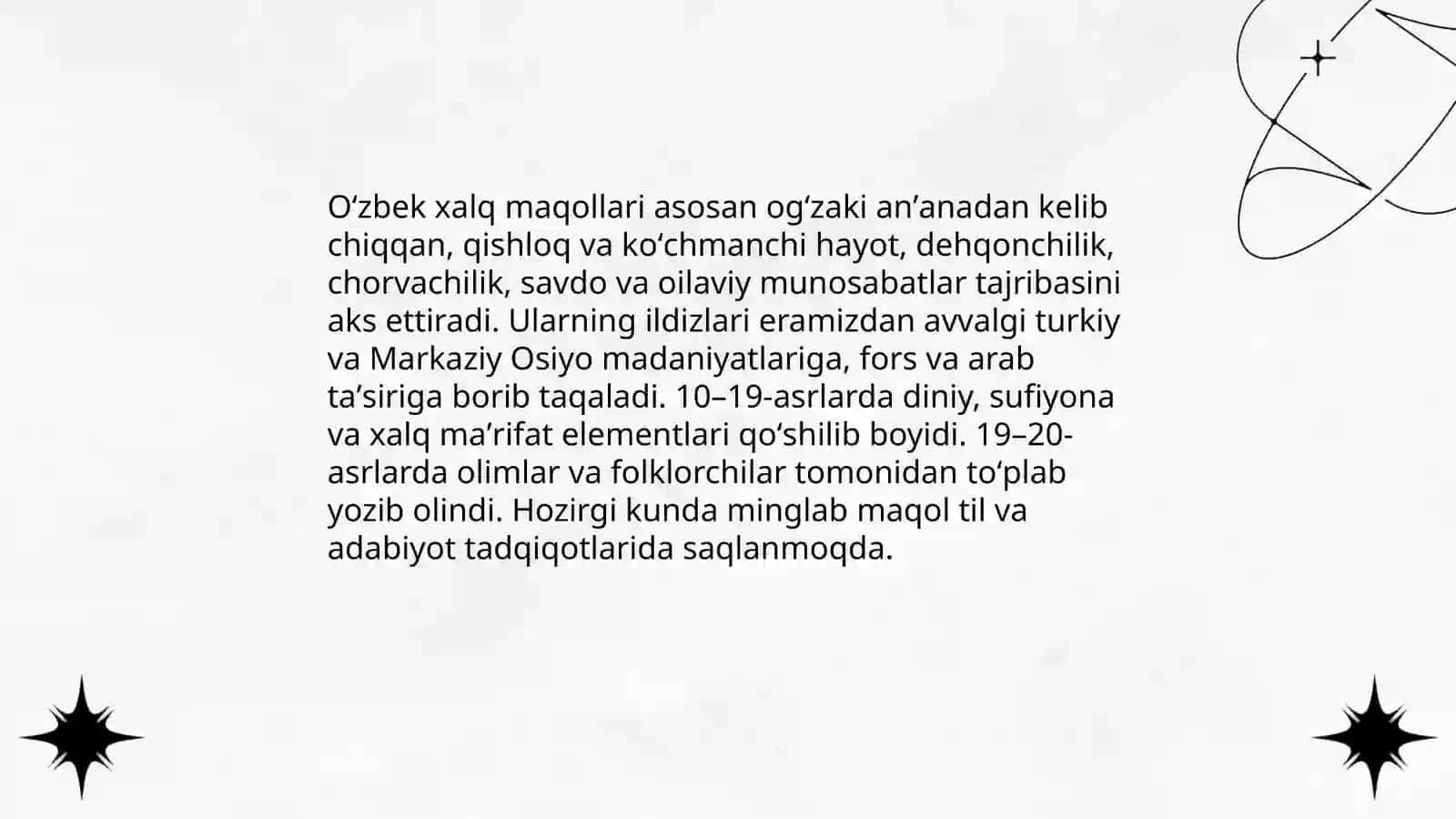 Oʻzbek xalq ogʻzaki ijodi: xalq maqollari, topishmoqlari, qoʻshiqlari va xalq dostonlari 3