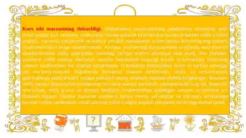 MILLIY TARBIYA DASTURLARI ASOSIDA YOSHLARNI TARBIYALASH. kurs ishi himoya 3