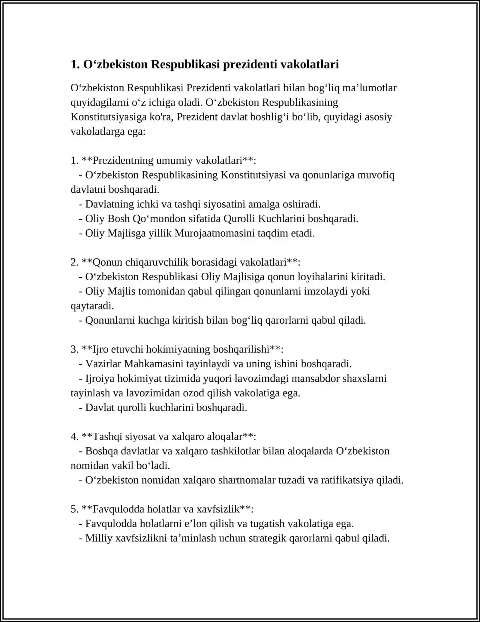 O‘ZBEKISTON RESPUBLIKASI PREZIDENTINING HUQUQIY HOLATI 3