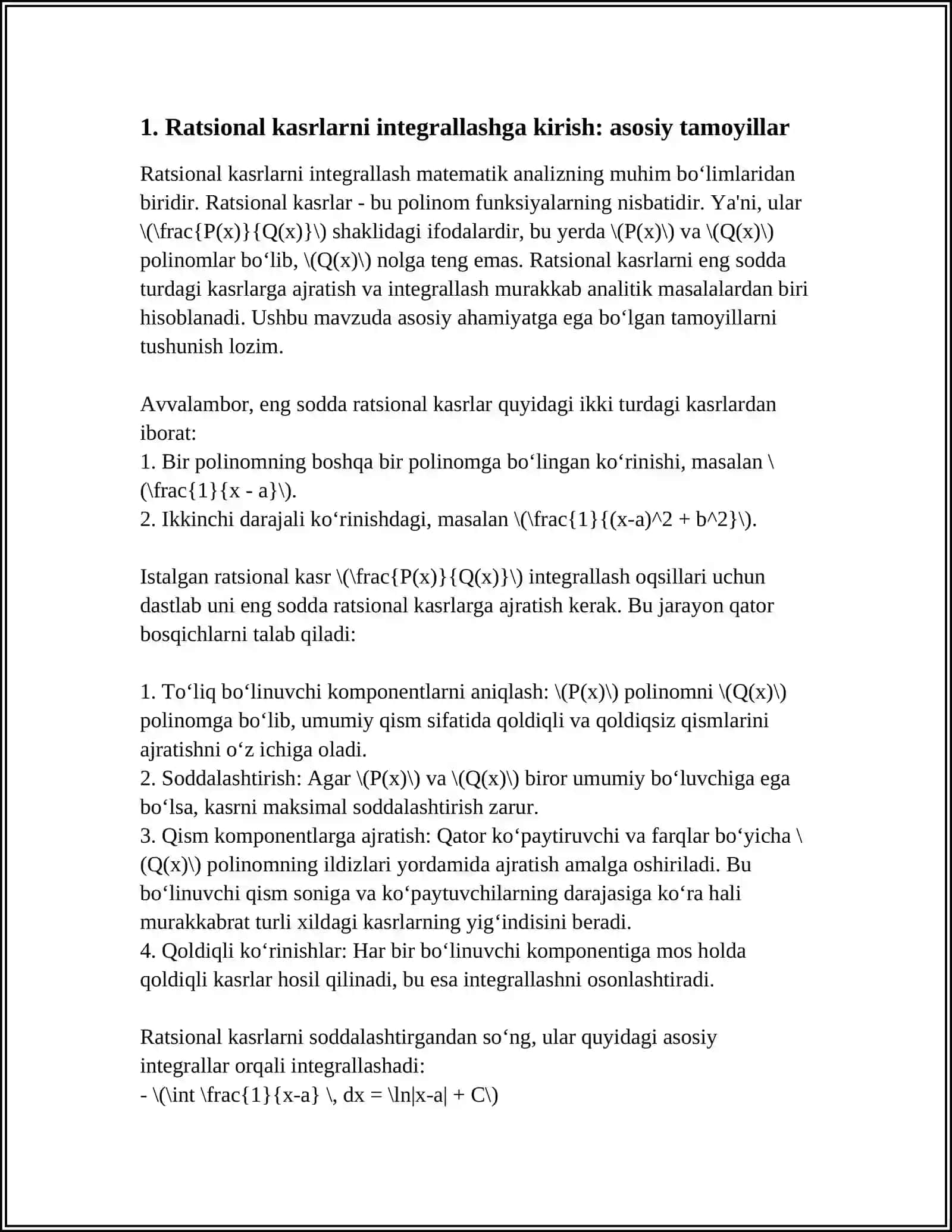 ENG SODDA RATSIONAL KASRLARNI INTEGRALLASH. RATSIONAL KASRLARNI SODDA RATSIONAL KASRLARGA AJRATISH 3