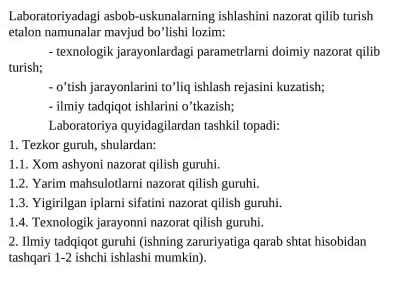 Yig'irish korxonalarida sinov laboratoriyalarining turlari va vazifalari 3