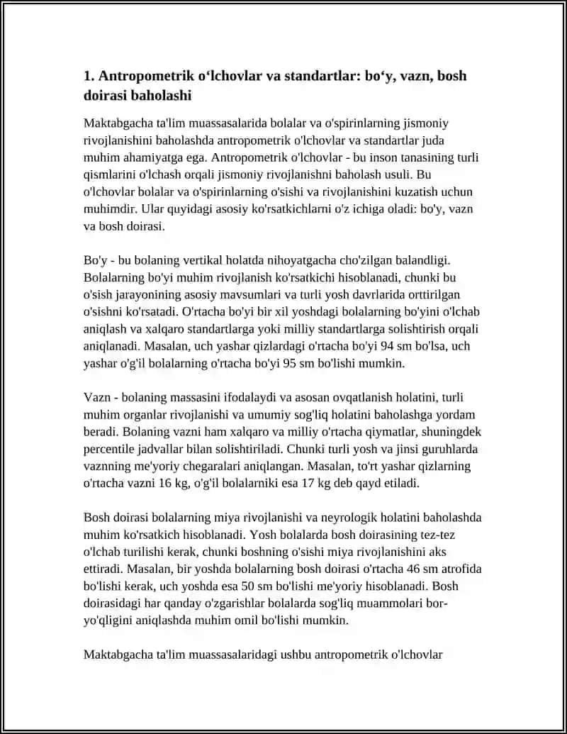 Antropometrik oʻlchovlar va standartlar: boʻy, vazn, bosh doirasi baholashi 3