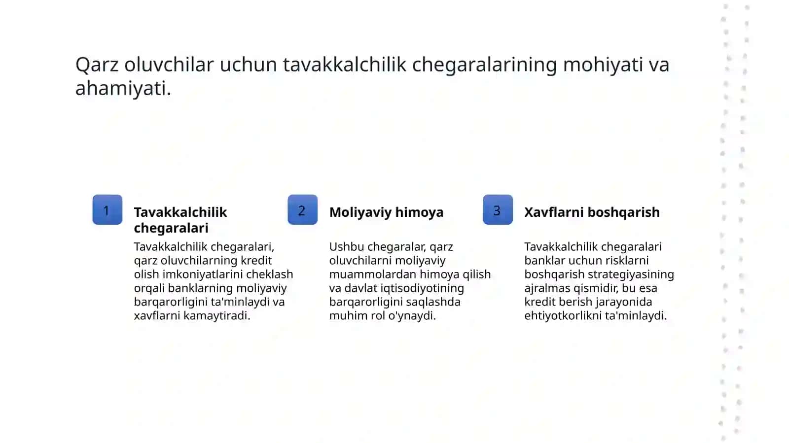 Bir qarz oluvchi, o'zaro aloqador qarz oluvchilar guruhi, shu jumladan bankka aloqador shaxslar uchun tavakkalchilikning eng ko'p miqdori to'g'risidagi NIZOM 3