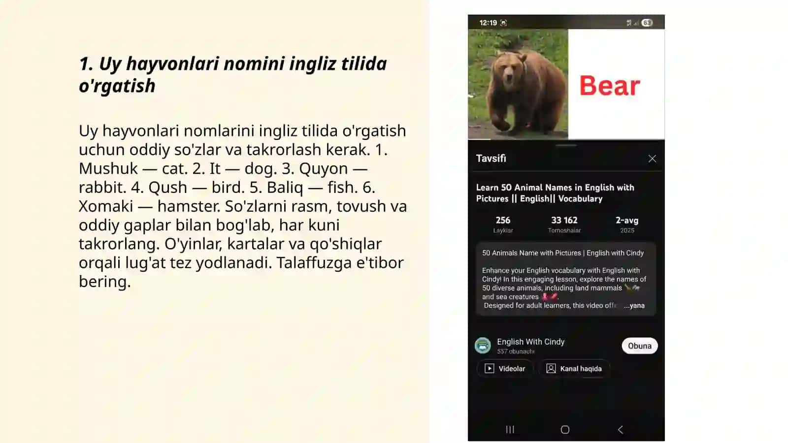 Uy hayvonlari nomini ingliz tilida o'rgatish 3