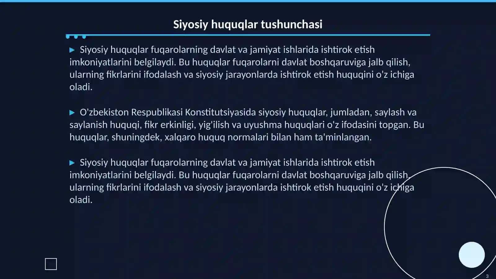 Siyosiy huquqlar Fuqarolarning davlat va jamiyat ishlarida ishtirok etish huquqi 3