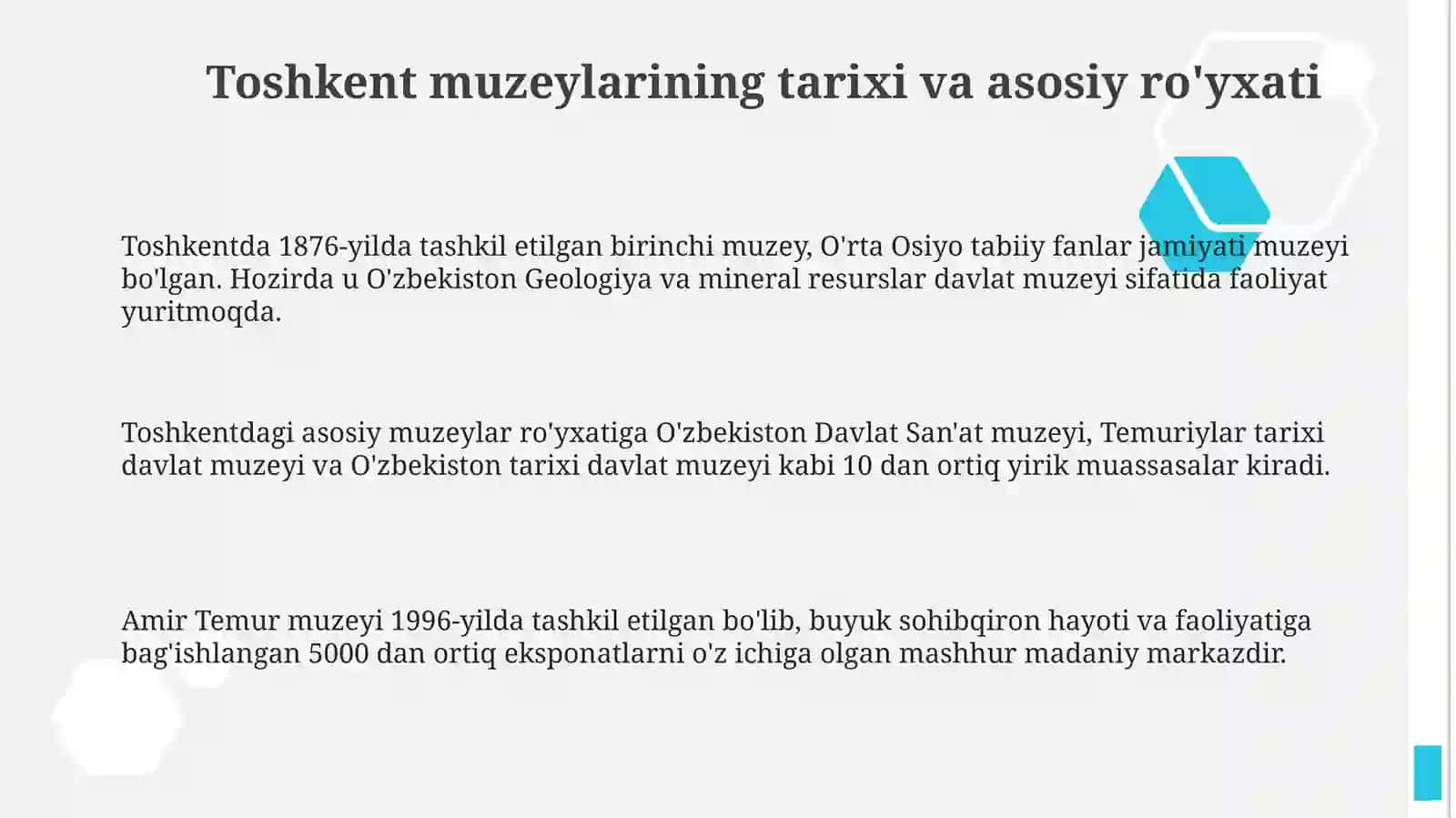Toshkent shahrida joylashgan muzeylar faoliyati 3