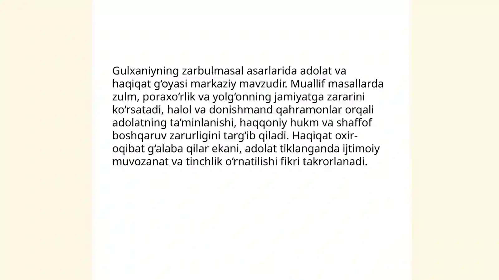Gulxaniyning zarbulmasal asarlarida adolat va haqiqat g‘oyasi 3