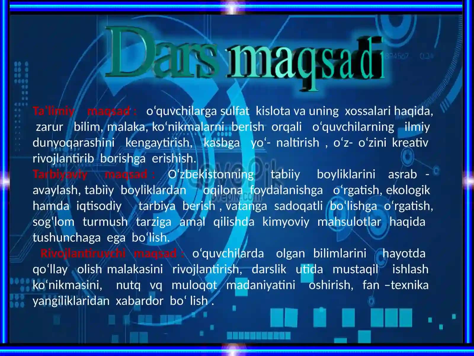8-sinf Kimyo fanidan dars ishlanma. Sulfat kislota 3
