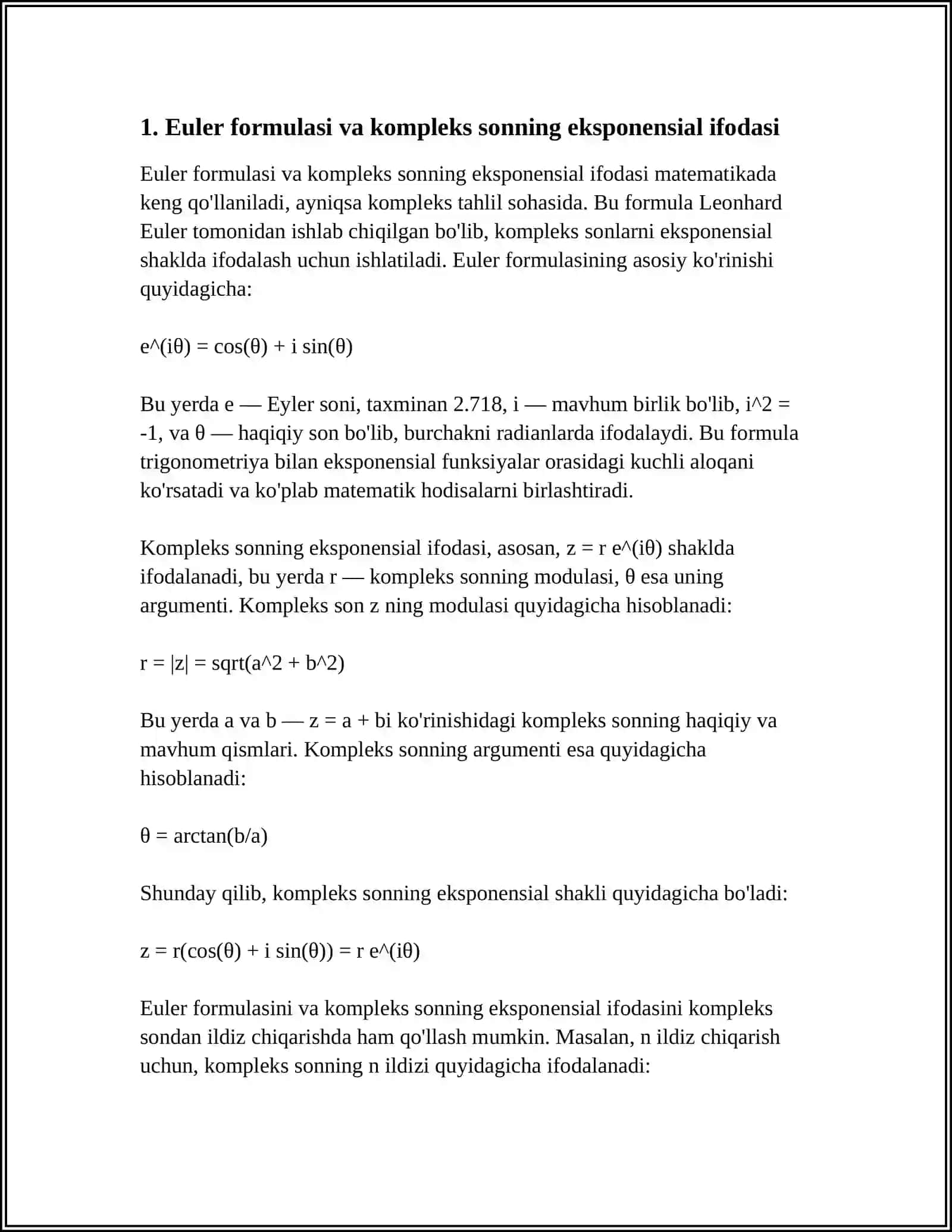 KOMPLEKS SONDAN ILDIZ CHIQARISH. EYLER FORMULALARI 3