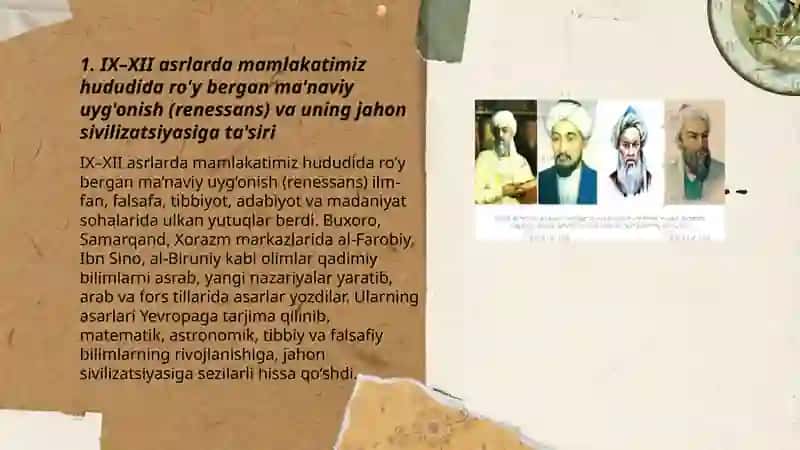 IX-XII asrlarda mamlakatimiz hududida ro'y bergan ma'naviy uyg'onish (renessans) va uning jahon sivilizatsiyasiga ta'siri 3