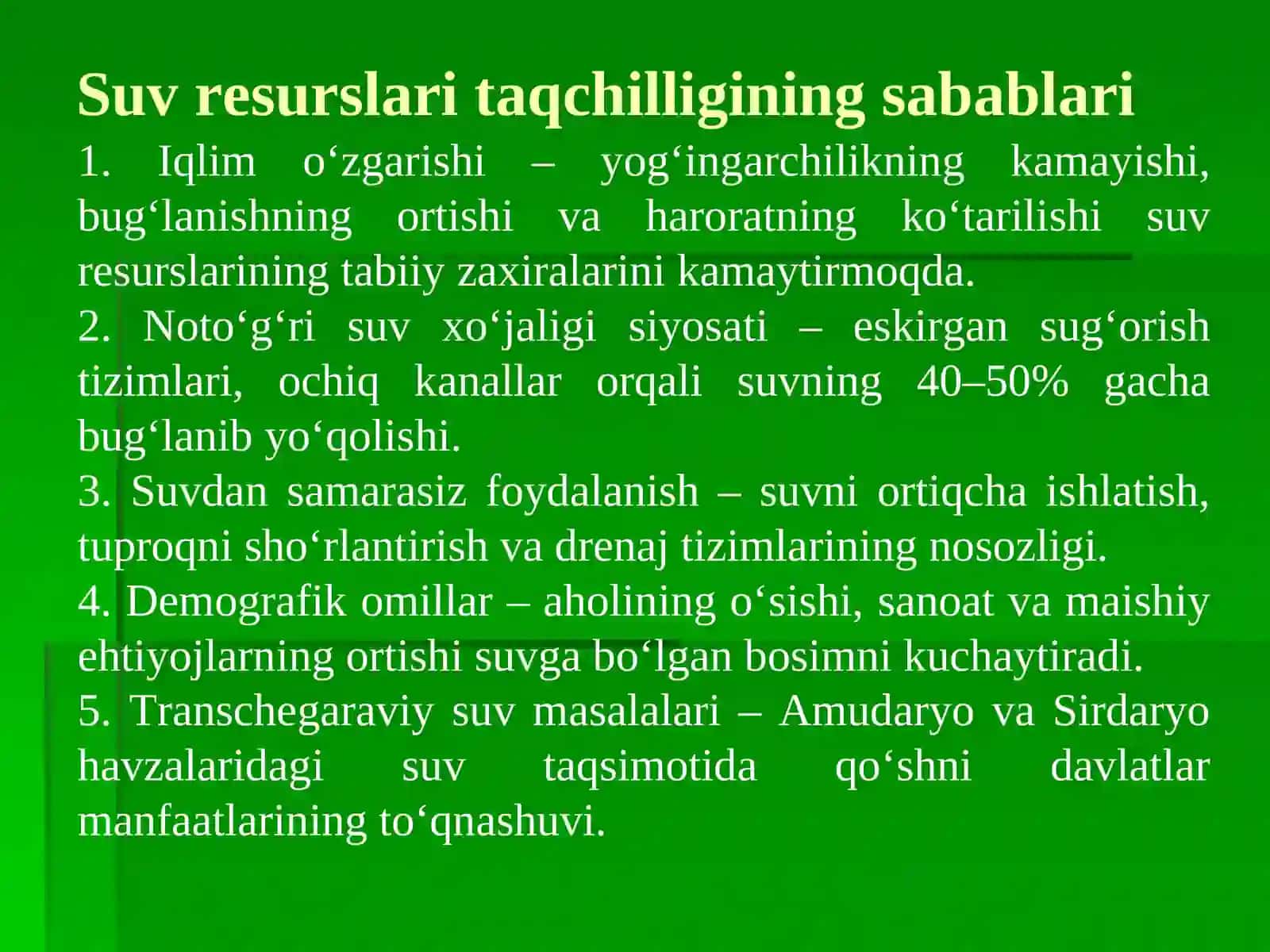 4-mavzuSuv resurslari taqchilligi va sug‘oriladigan dehqonchilikda samaradorligi 3