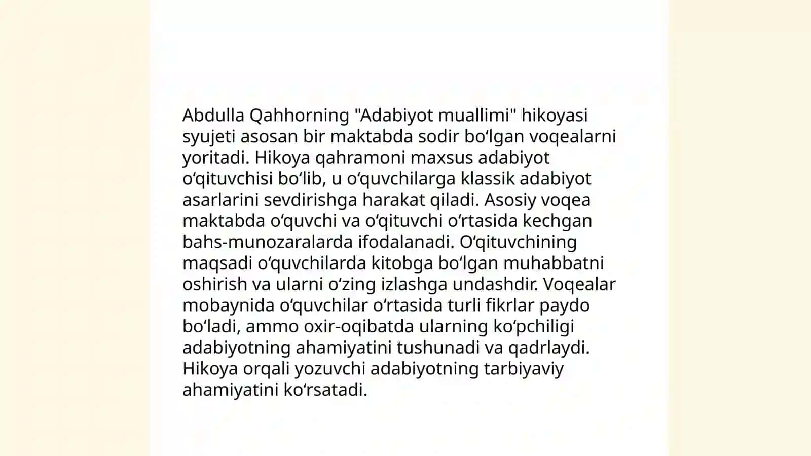 Abdulla Qahhorning "Adabiyot muallimi" hikoyasining syujeti, kompozitsiyasi, obrazlari va badiiy tili bo'yicha tahlili 3