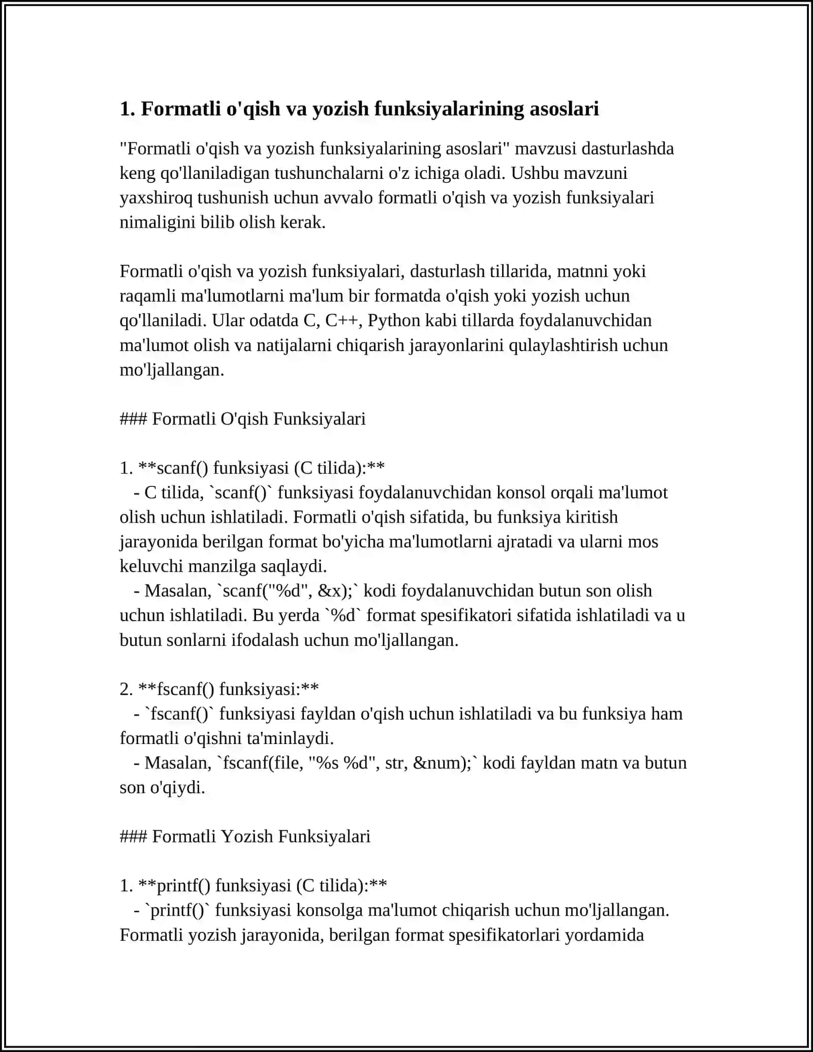 MUSTAQIL ISH Mavzu: FORMATLI O'QISH VA YOZISH FUNKSIYALARI 3