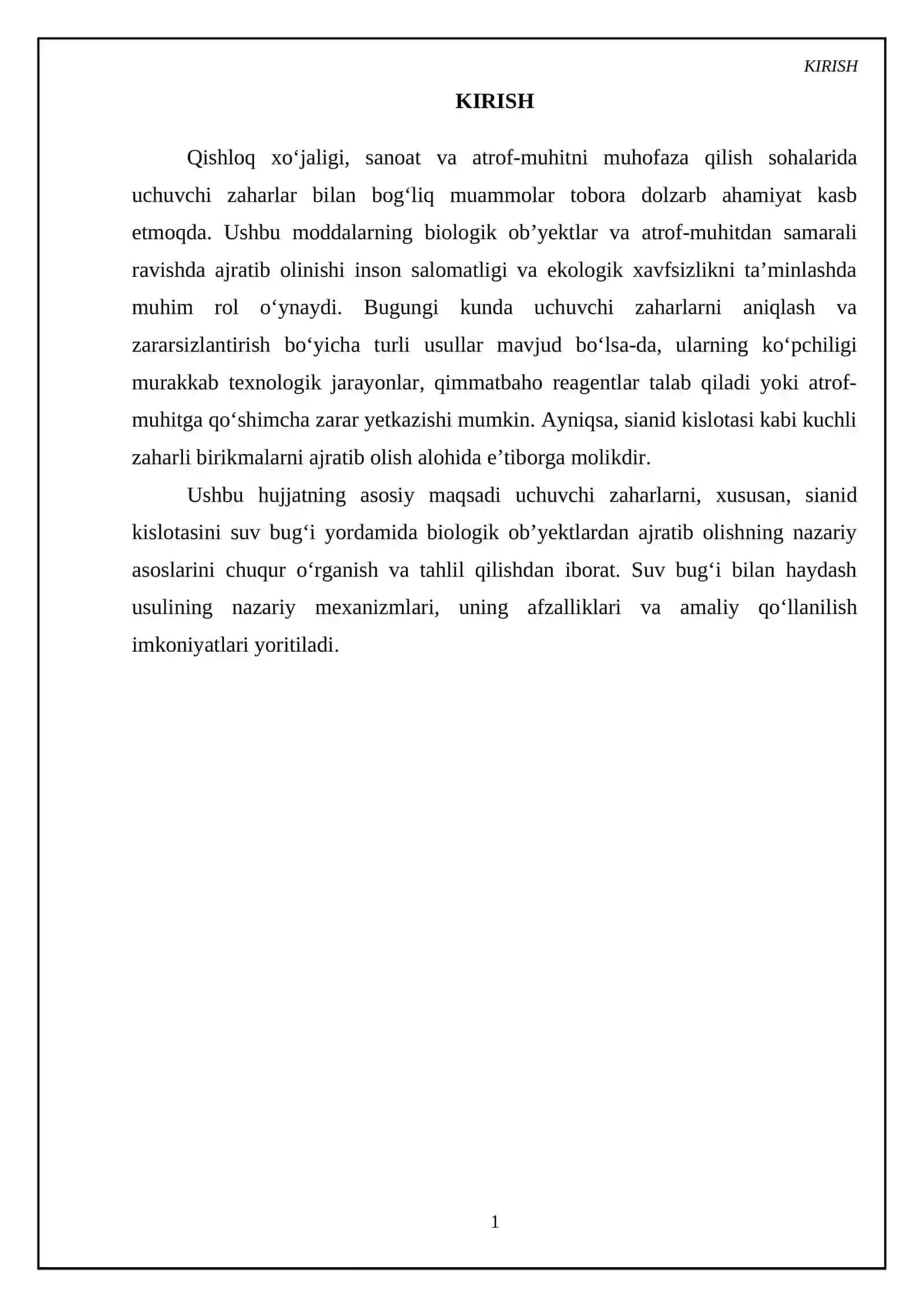 Uchuvchi zaharlarni suv bugʼi yordamida biologik obʼyektdan ajratib olishning nazariy asoslari. Zaharlarni suv bugʼi yordamida hayday ajratib olish. Sianid kislotasi 3