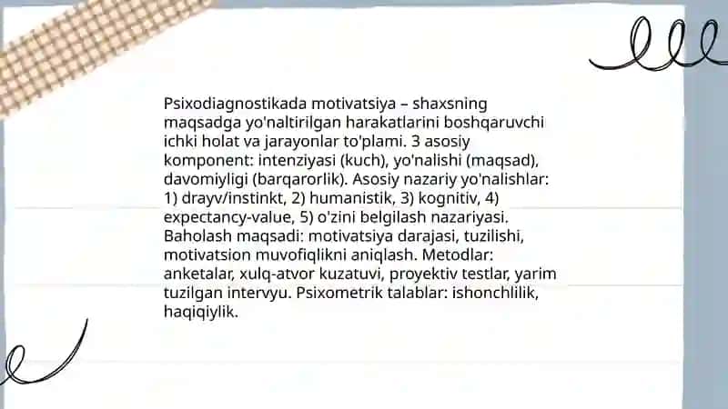 Reja: Psixodiagnostikada motivatsiya tushunchasi va nazariy asoslari 3