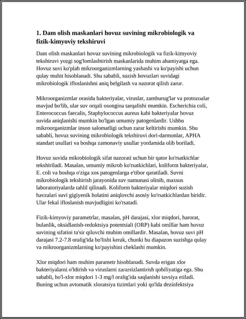 Dam olish maskanlari hovuz suvining mikrobiologik va fizik‑kimyoviy tekshiruvi 3