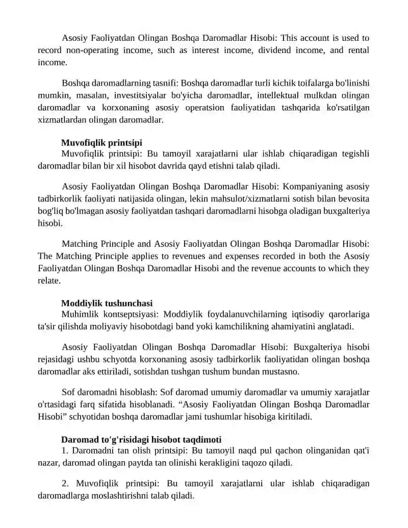 Asosiy Faoliyatdan Olingan Boshqa Daromadlar Hisobi 3