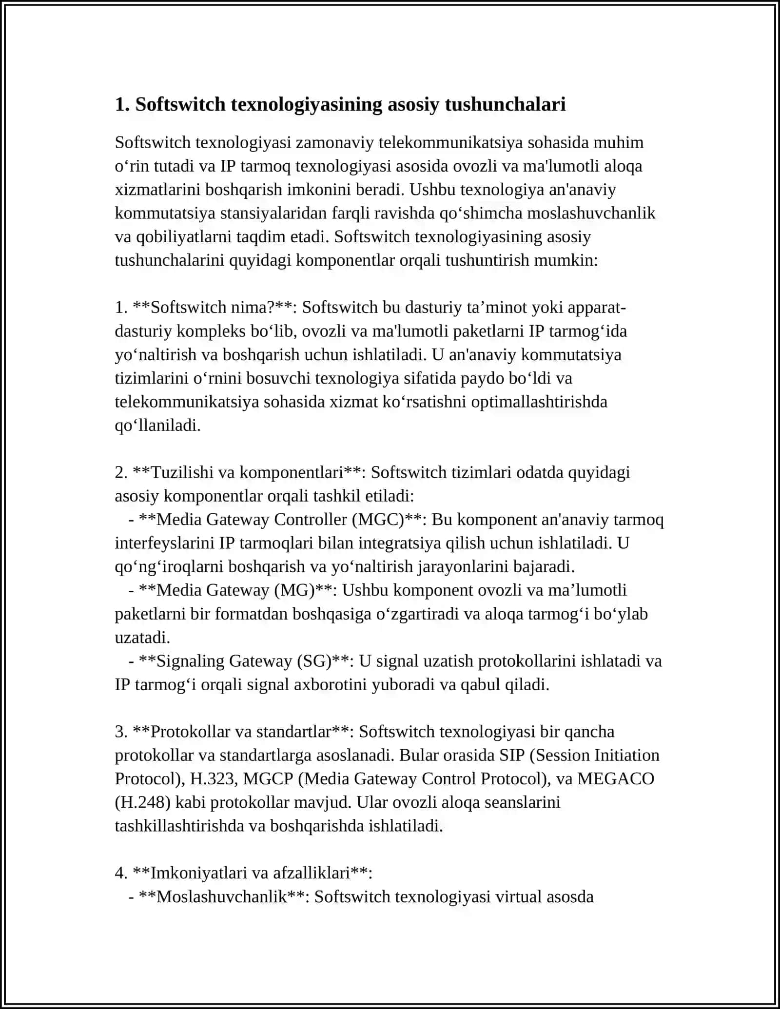 MUSTAQIL ISH Mavzu: SOFTSWITCH TEXNOLOGIYASI 3