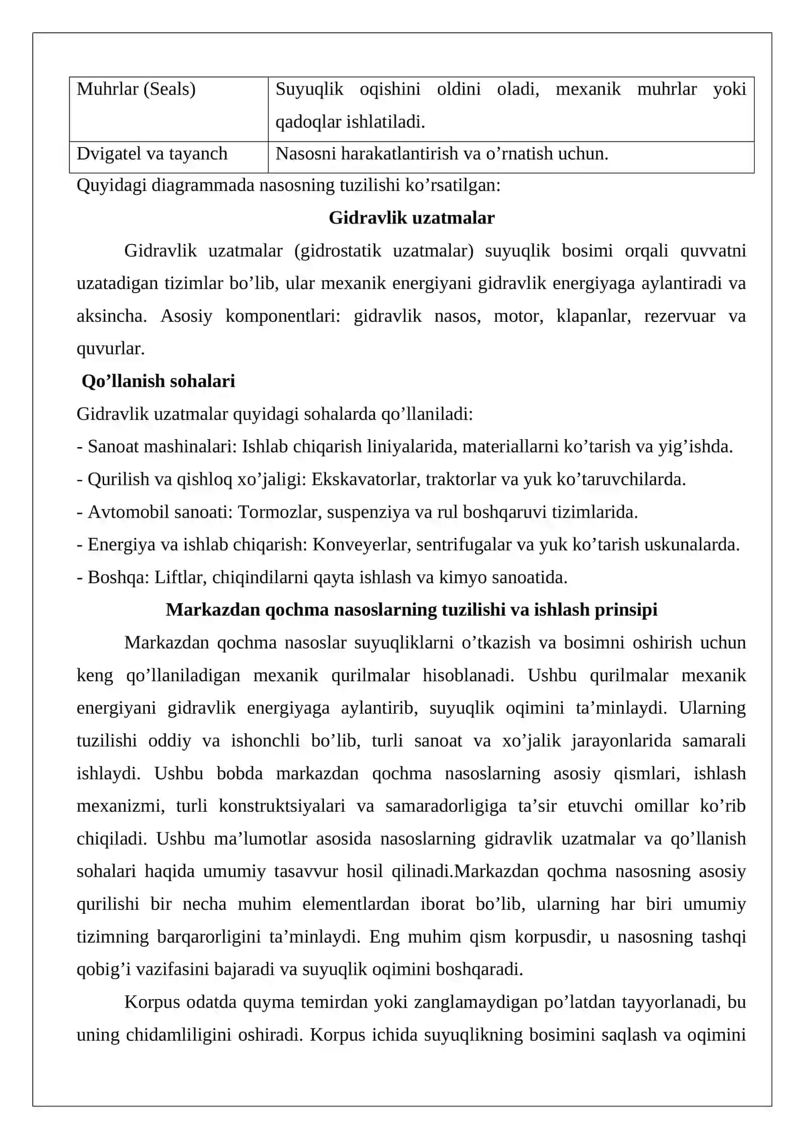 Markazdan qochma nasosning tuzilishi. Gidravlik uzatmalar, qo’llanish sohalari 3