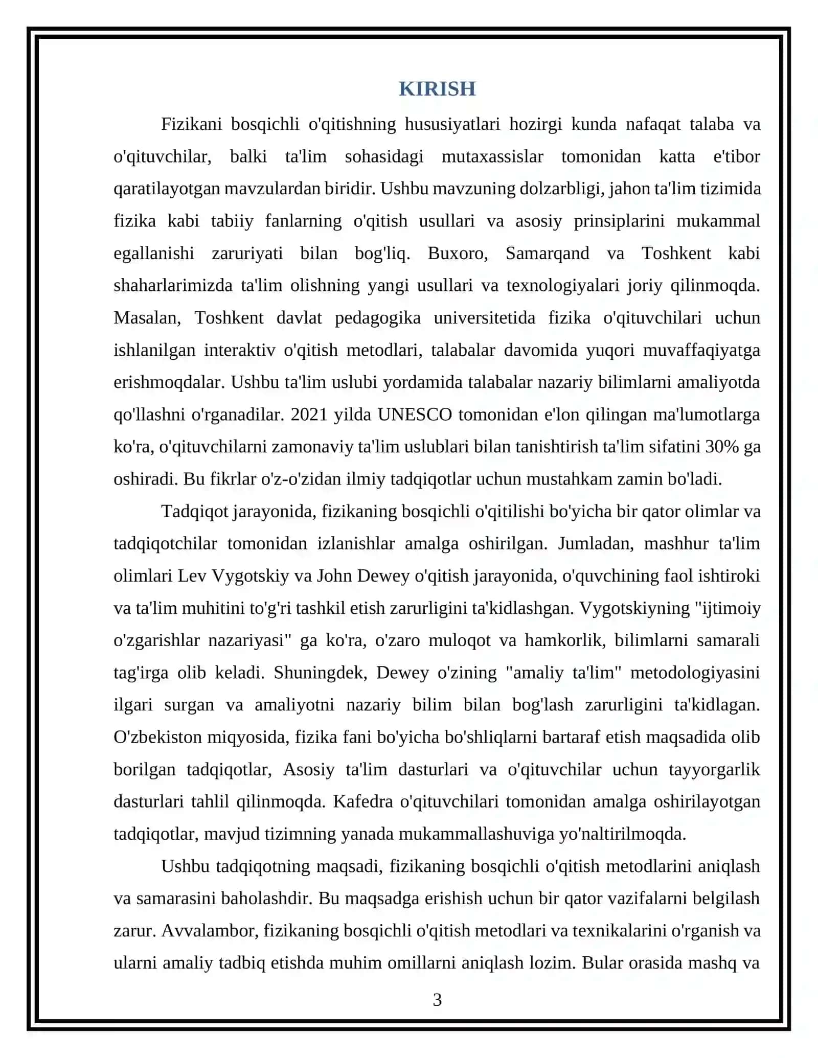FIZIKANI BOSQICHLI O'QITISHNING HUSUSIYATLARI mavzusida tayyor kurs ish 3