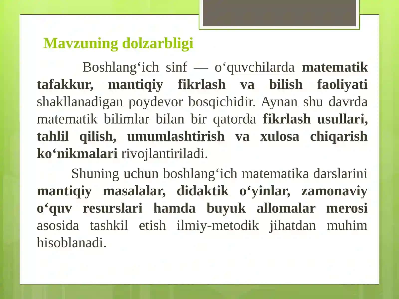 Boshlang‘ich sinfo‘quvchilarining matematika tafakkurini rivojlantirish va matematika darslarini samarali tashkil etish metodikasi 3