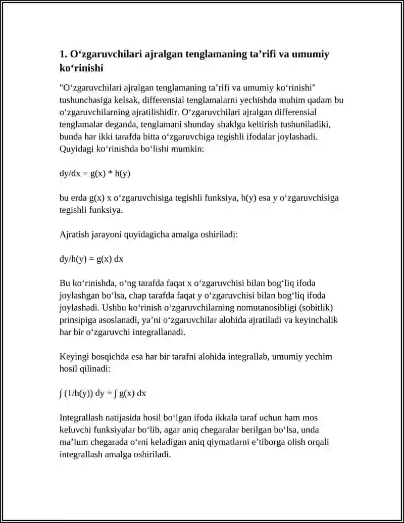 Oʻzgaruvchilari Ajralgan va Unga Keltiriladigan Tenglamalar 3