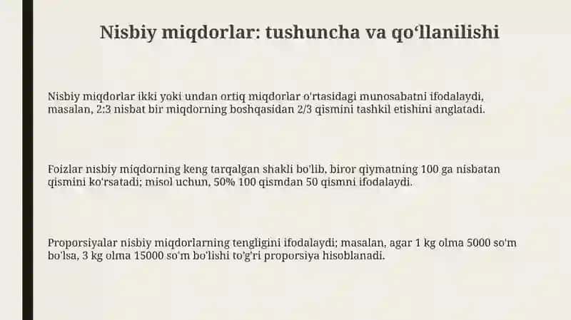 Nisbiy miqdorlar va ularni hisoblash bo'yicha masalalar yechish 3