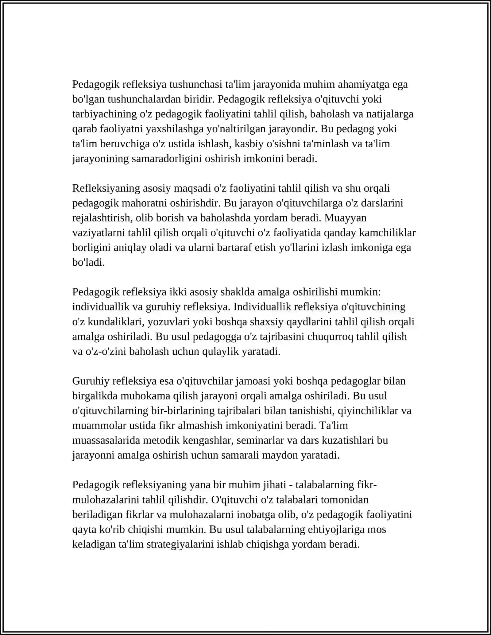 O'QITUVCHINING KASBIY PEDAGOGIK REFLEKSIYA ASOSIDA O'Z PEDAGOGIK MAHORATI IMKONIYATLARINI TAKOMILLASHTIRISHI 3