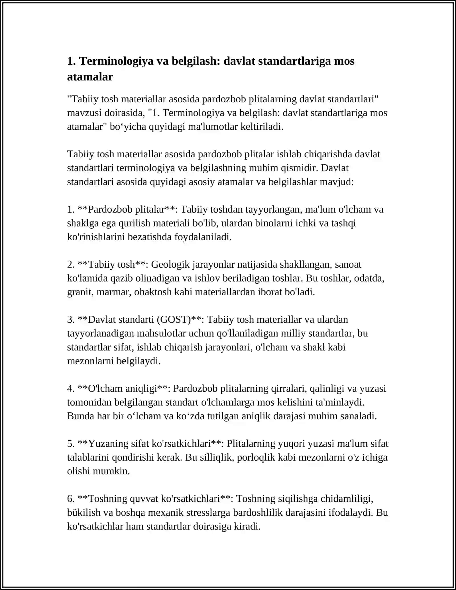 TABIIY TOSH MATERIALLAR ASOSIDA PARDOZBOB PLITALARNING DAVLAT STANDARTLARI 3