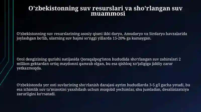 O'zbekistonning suv resurslari va sho'rlangan suv muammosi 3